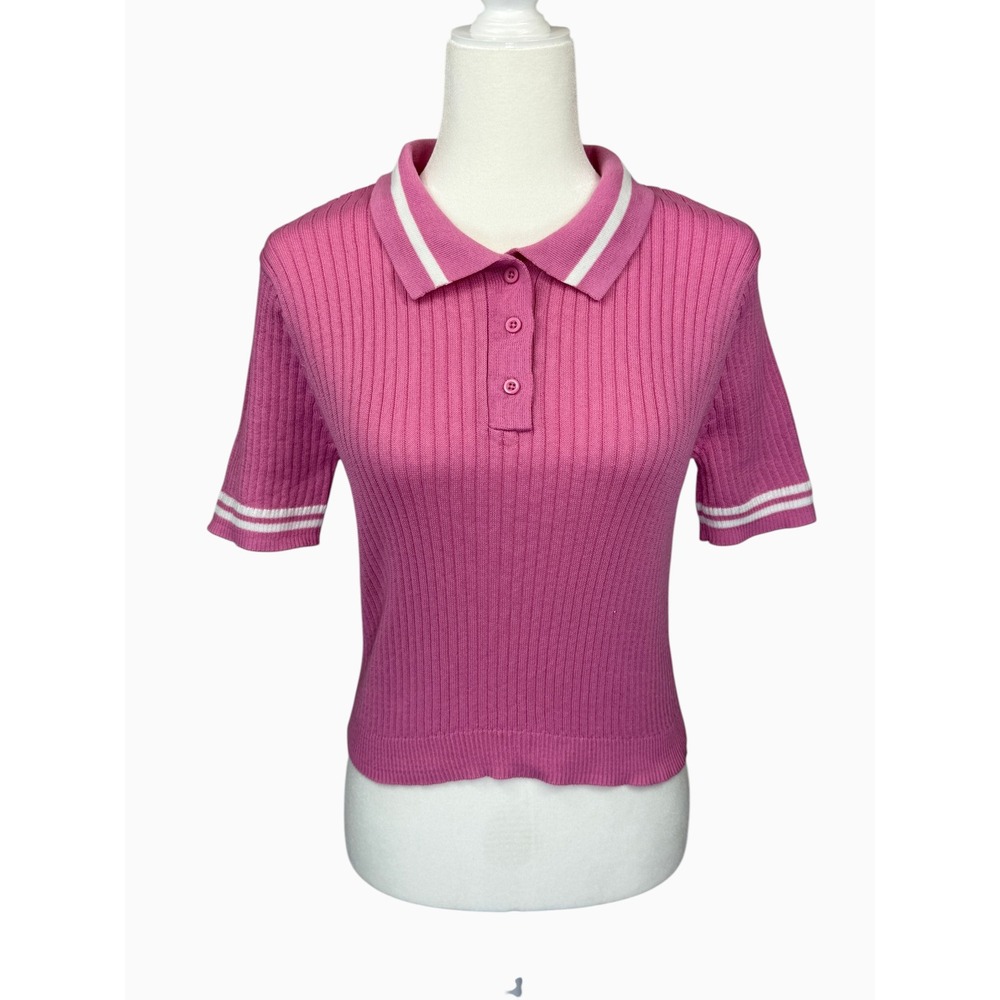 Full Tilt Pink Ribbed Polo Sweater Top XXL NWT White Trim Y2K Preppy Knit